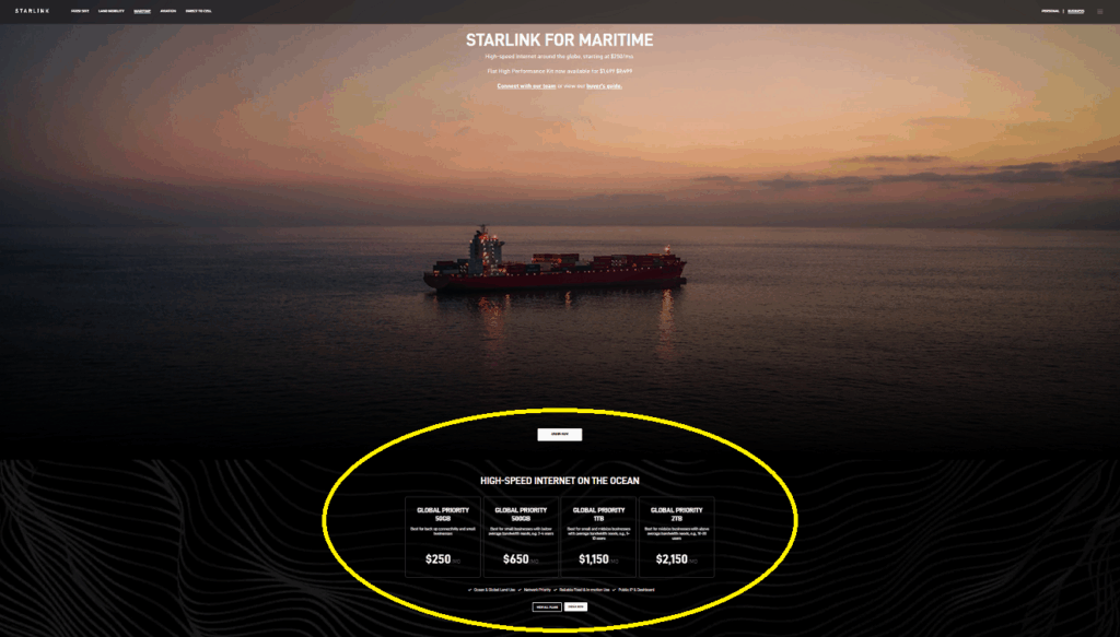 Starlink maritime for boats data plans